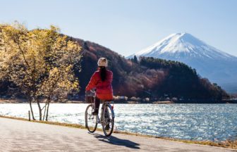 woman cycling at Mt. Fuji